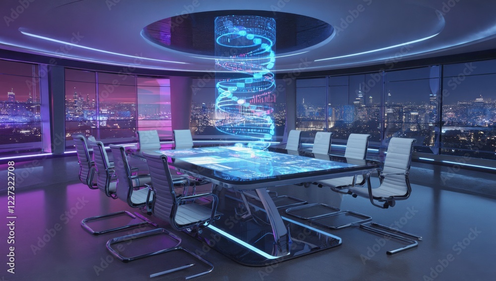 Poster hologram data visualization floating above a futuristic conference table in a modern meeting room at