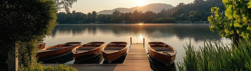 Fototapeta premium A serene lakeside scene at sunset, featuring wooden boats docked near lush greenery and calm waters, creating a picturesque and tranquil ambiance.