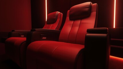Fototapeta premium Luxurious red leather cinema seats with soft lighting in a modern theater setting