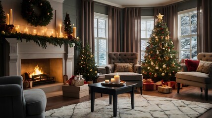 Obraz premium Cozy Christmas Living Room with Fireplace and Decorated Trees