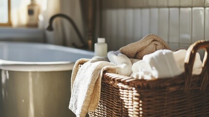 A close-up of a wooden wicker basket with clothes spilling over the top, positioned near a vintage laundry tub with soap and fabric softener.