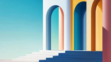 Fototapeta premium Colorful architectural arches with steps leading to a serene blue sky, evoking a sense of tranquility