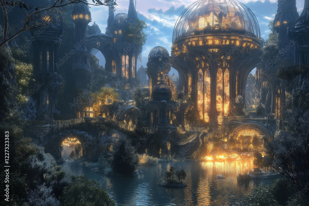 Poster a biomechanical fusion of nature and machine in a utopian city