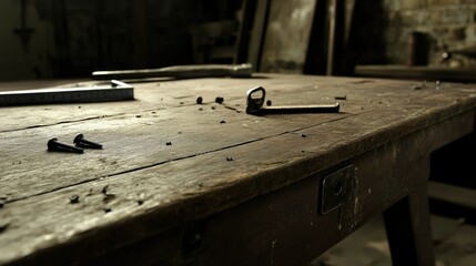 A close-up of a workbench in an empty house, featuring nails, screws, and a tape measure.