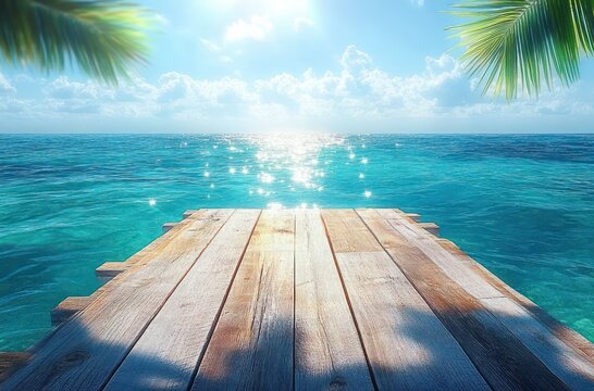 Serene Ocean View With Wooden Dock Turquoise Water Bright Sunlight Leading Lines Horizon - Powered by Adobe