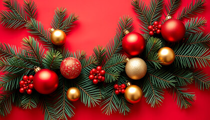 flat lay with pine tree branches with red and golden christmas balls isolated on red , with white tonespng