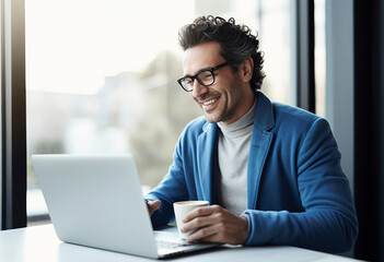 Fototapeta premium Smiling Businessman Working on Laptop in Modern Office | Productive and Happy Professional