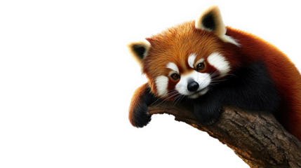 Adorable red panda lounging on a branch with a curious expression.