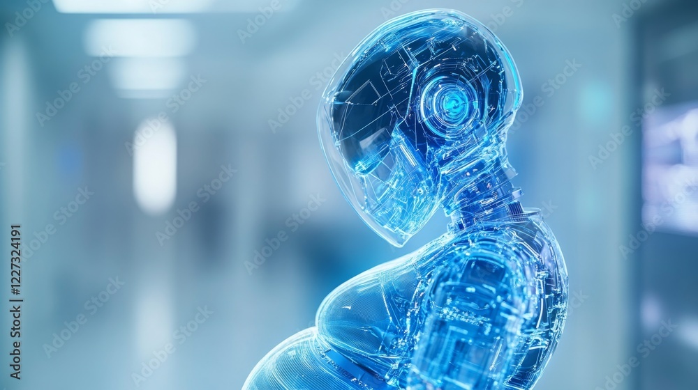 Poster A futuristic robot with a transparent body showcases a pregnant form, emphasizing advancements in reproductive technology. The environment features sleek design and modern architecture.