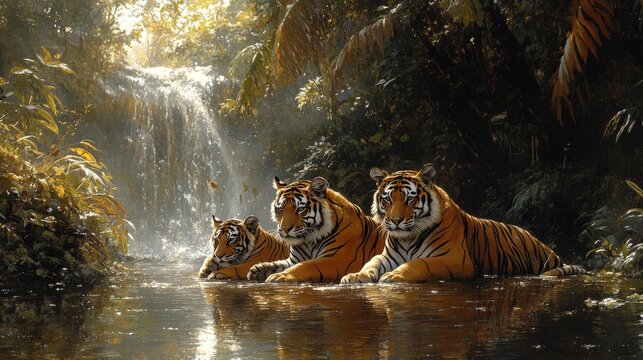 Three majestic tigers relaxing in the water near a jungle waterfall creates a serene scene - Powered by Adobe