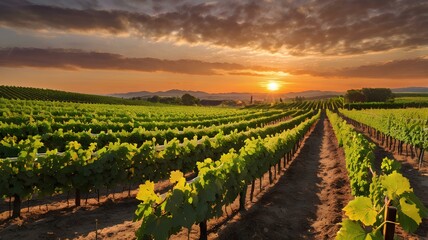 Lush Green Vineyard at Sunset Dramatic Orange Sky Rural Landscape