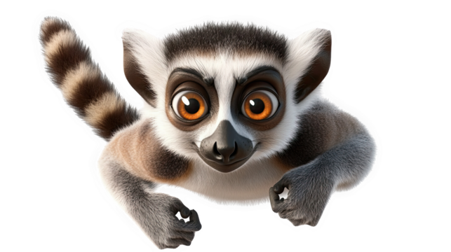 Animated lemur character with large eyes, jumping playfully, isolated on white background.
