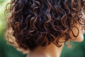 Naklejka premium Curly hair showcasing natural texture in a lush outdoor setting during daylight