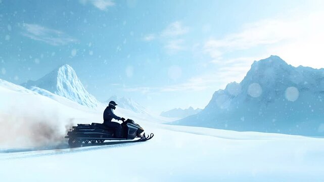 Person riding snowmobile across arctic snowy landscape with mountains. Seamless looping time-lapse animation video background  
