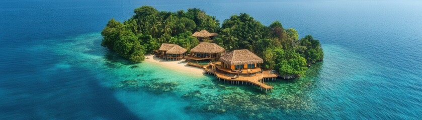 A picturesque tropical island with lush greenery, sandy shores, and stunning ocean views, featuring cozy thatched-roof villas.