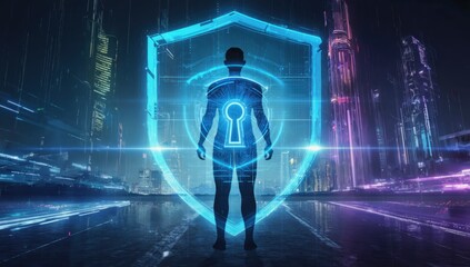 Hologram of a shield securing digital human identity with keyhole symbol, representing cybersecurity and data protection in a futuristic cityscape with glowing skyscrapers and light trails