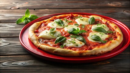Freshly cut pizza on red tray with melted mozzarella cheese and herbs , culinary art, red tray,  culinary art, red tray