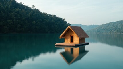 Obraz premium A serene wooden cabin on a calm lake, surrounded by lush mountains, reflecting beautifully in the water.