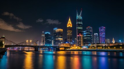 Fototapeta premium Night City Skyline with Colorful Lights Reflected on River