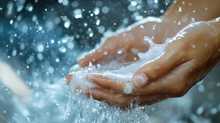 Fototapeta premium A close-up of hands scrubbing with soap under running water, with clear droplets sparkling as they rinse off the soap.