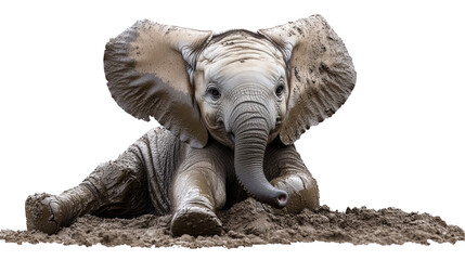 Fototapeta premium Baby elephant resting on the ground, adorable and playful expression.