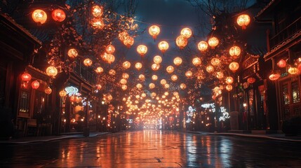 A street illuminated by Chinese lanterns, celebrating Lunar New Year
