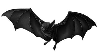 Bat in mid-flight, wings outstretched, against a white isolated background.