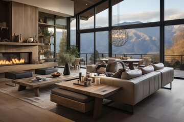 Sleek Modern Living Room with Open Kitchen and Cozy Fireplace