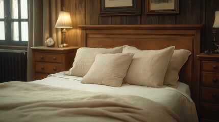 Obraz premium Rustic bedside cabinet near bed with beige pillows. Farmhouse interior design of modern bedroom.
