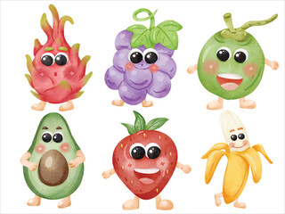 Cute Watercolor Illustration of Fruits: Dragon Fruit, Grapes, Coconut, Avocado, Strawberry, and Banana