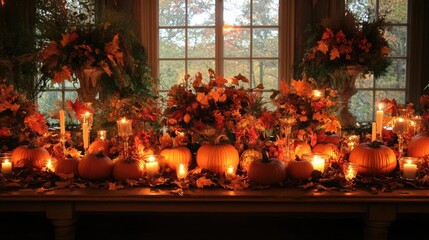 A Thanksgiving table adorned with pumpkins, candles, and autumn leaves