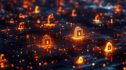 Fototapeta premium A computer screen with many glowing locks