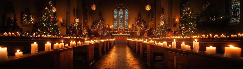 Obraz premium A traditional Christmas Eve service, with candles lighting up the church