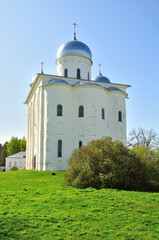 Veliky Novgorod Russia. St. George's Cathedral, Russian orthodox Yuriev Monastery in Veliky Novgorod, Russia - spring architectural landscape