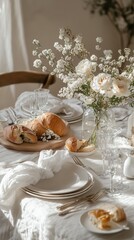 Rustic dining table set with elegant dishware and linen napkins, cozy and inviting atmosphere