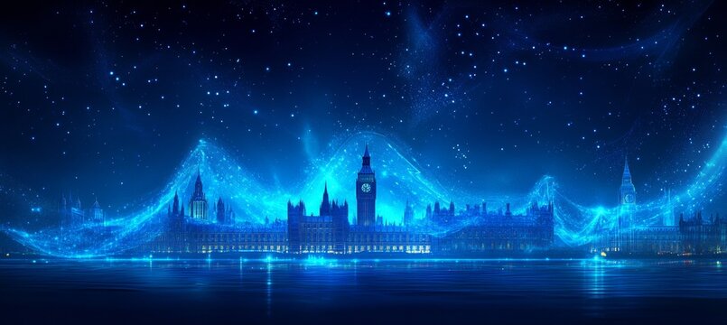 Networked Metropolis. Blue glowing outline of Houses of Parliament in data connection style, London.