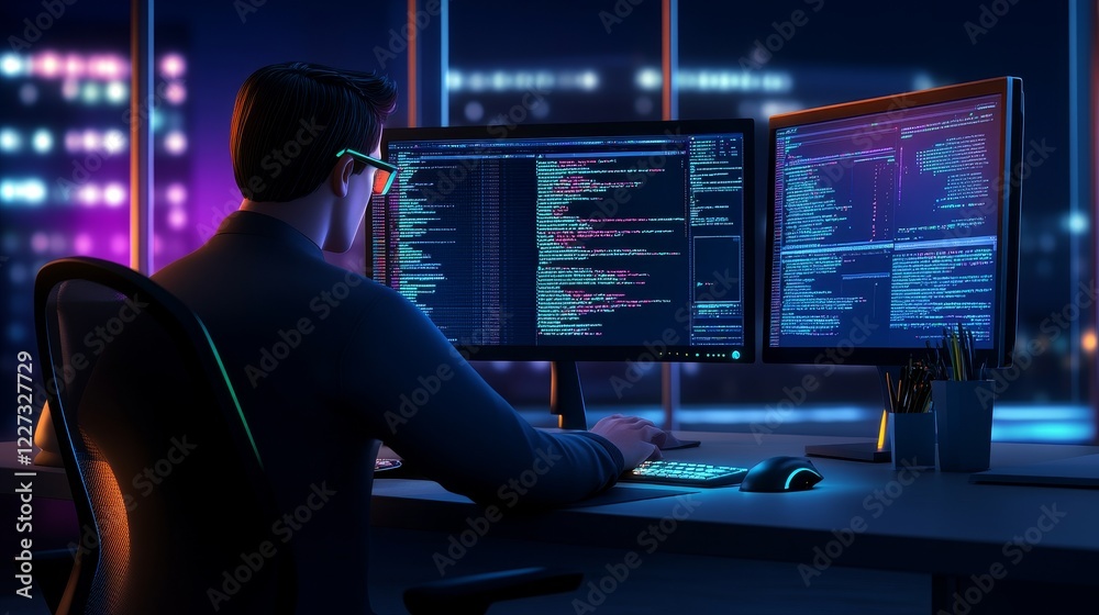 Poster a focused programmer working late at night, coding on multiple monitors in a modern office with city