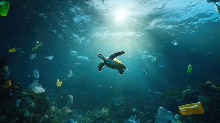 Fototapeta premium Turtle swimming amongst floating plastic waste in ocean pollution scene