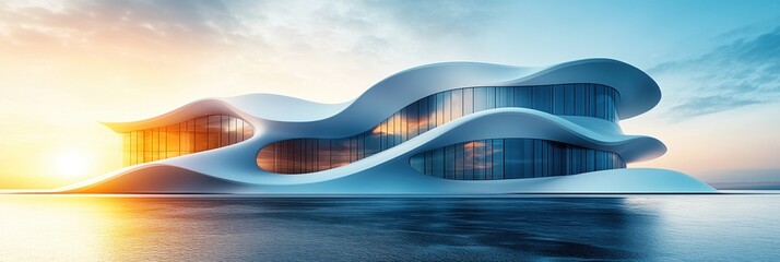 Modern architectural masterpiece by the water at sunset