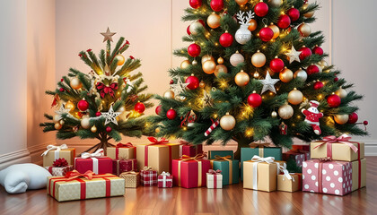 Big beautiful christmas tree decorated with beautiful shiny baubles and many different presents on wooden floor. White wall background with a lot of copy space for text. Close up isolated with white