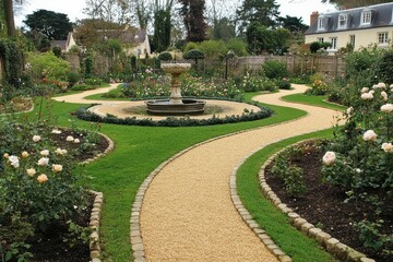 Classic English Garden with Rose Bushes: A symmetrical garden with lush green lawns, perfectly pruned rose bushes in bloom, winding gravel paths, and a fountain centerpiece.
