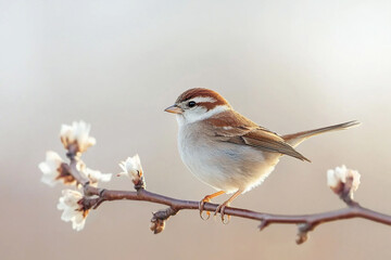 Naklejka premium A small bird perched on a delicate branch with blooming flowers, set against a soft, blurred background