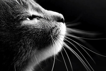 Close-up profile of a cat with prominent whiskers against a dark background, showcasing its serene expression