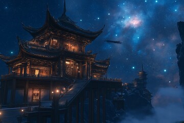A grand celestial palace floating among the stars