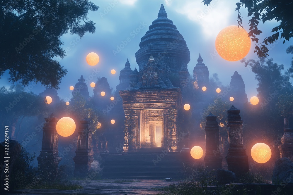 Poster a hidden temple surrounded by glowing floating orbs at dusk