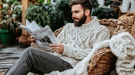 Man in cable knit sweater reads newspaper in wicker chair.