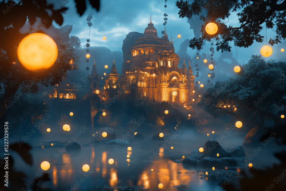 Poster a hidden temple surrounded by glowing floating orbs at dusk