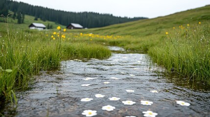 Mountain stream with wildflowers, idyllic alpine meadow, tranquil landscape, nature background, perfect for travel brochures