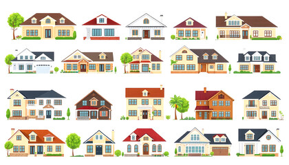 Obraz premium Collection of twenty different cartoon house illustrations in a grid, showcasing diverse architectural styles, residential buildings, and real estate themes