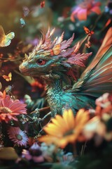 Obraz premium Dragon amidst flowers and butterflies